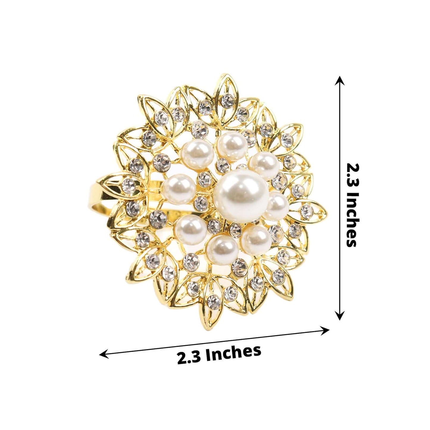 4 Pack Pearl And Diamond Rhinestone Flower Gold Metal Napkin Rings, Decorative Napkin Buckle Holders