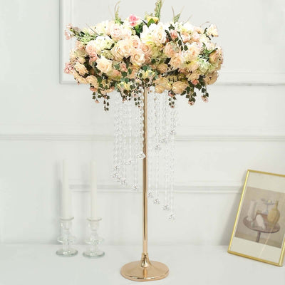 2-Pack Metal Flower Stand Gold with Spiral Hanging Beads - Crystal Pedestal Table Wedding Centerpiece 24"