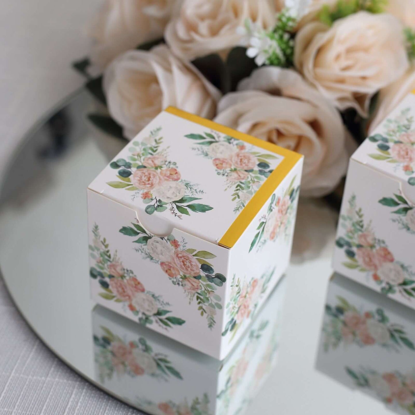 25 Pack White Pink Peony Flowers Print Paper Favor Boxes with Gold Edge, Cardstock Party Shower Candy Gift Boxes - 3"x3"x3"