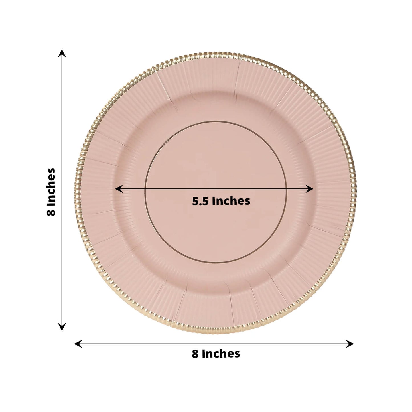 25-Pack Paper 8" Round Dessert Plates in Dusty Rose Sunray Design with Gold Rim - Disposable Heavy Duty 350GSM Appetizer Salad Plates