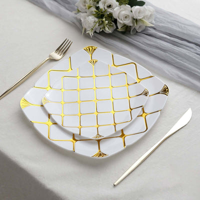 10-Pack Plastic 10" Square Dinner Plates in White with Gold Diamond Lattice Pattern - Disposable Party Plates for Weddings, Banquets & Special Events