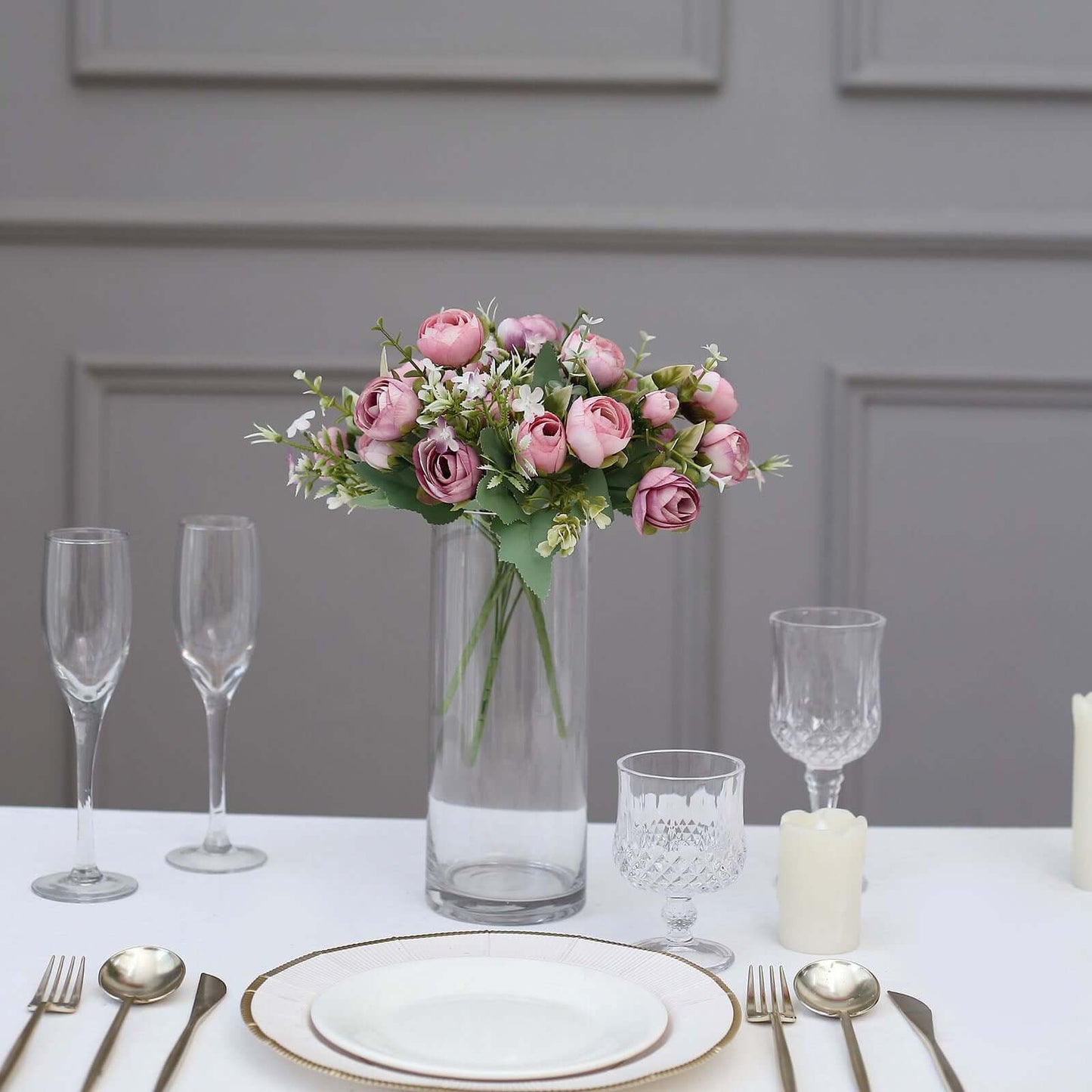 4 Pack 12" Artificial Dusty Rose Ranunculus Silk Flower Bridal Bouquets, Faux Buttercup Floral Arrangement