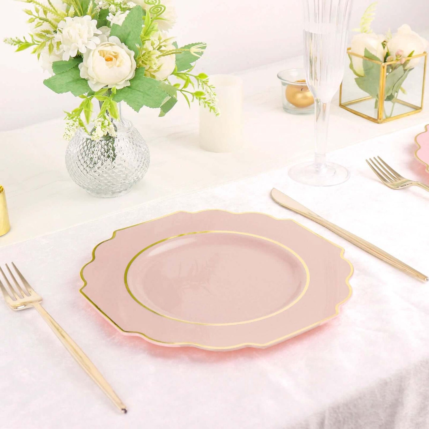 10-Pack Plastic Dessert Appetizer Plates in Blush Baroque Design with Scalloped Gold Rim - Heavy Duty Disposable Salad Plates 8"