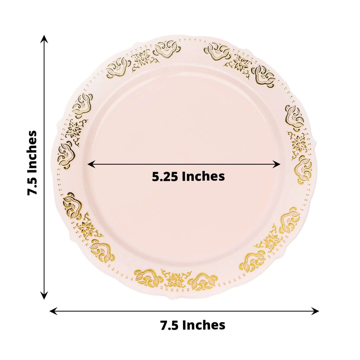 10-Pack Plastic 7.5" Round Appetizer Plates in Blush with Gold Embossed Scalloped Edge - Chic Disposable Salad Plates for Special Occasions & Banquets