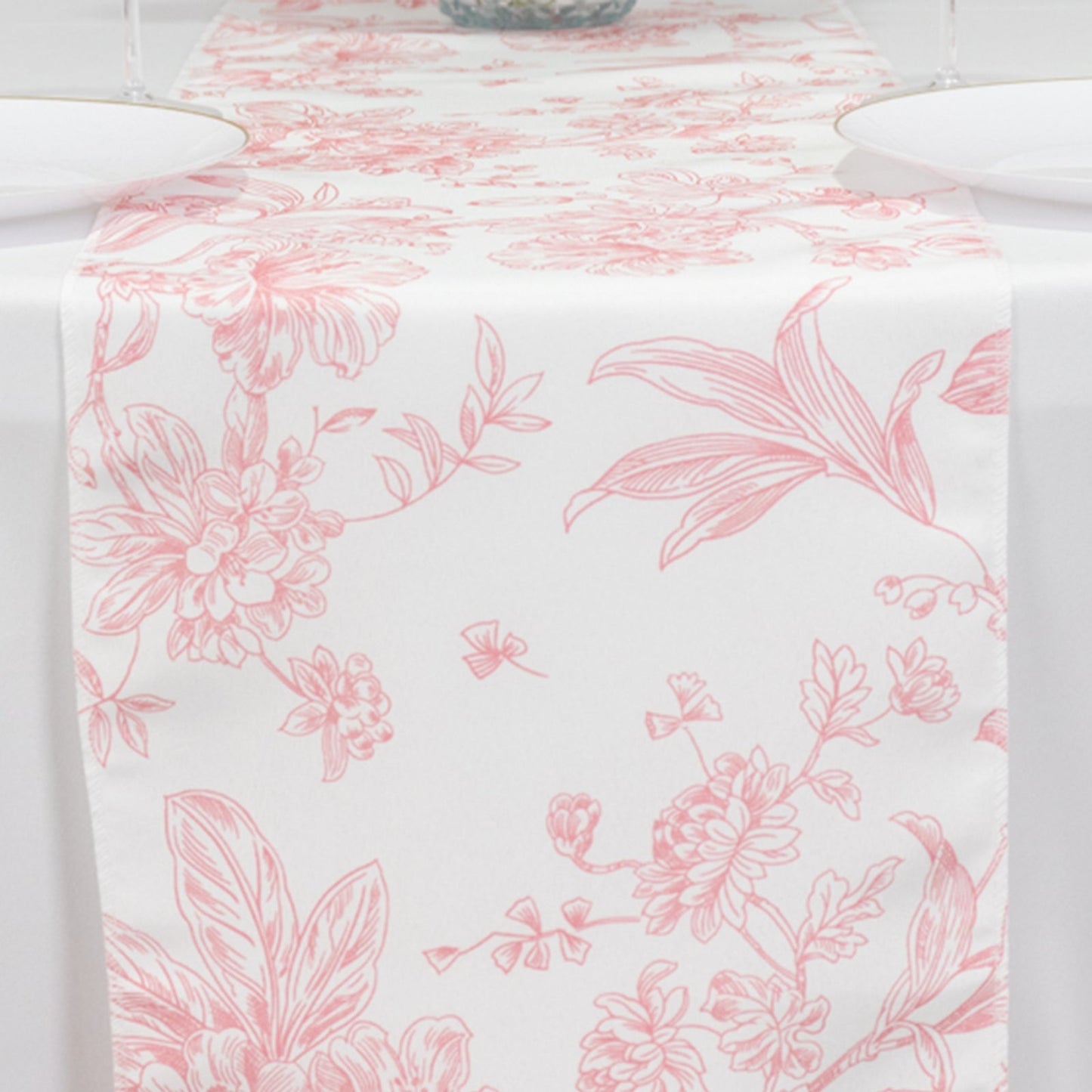 Polyester Table Runner 12"x108" White with Pink French Toile Floral Print Reusable Table DÃ©cor