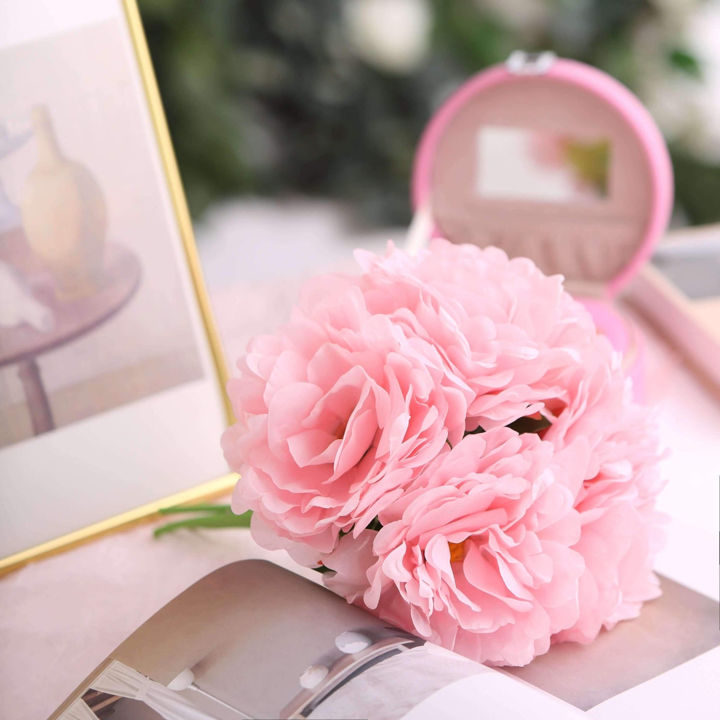 11" Pink Real Touch Artificial Silk Peonies Flower Bouquet