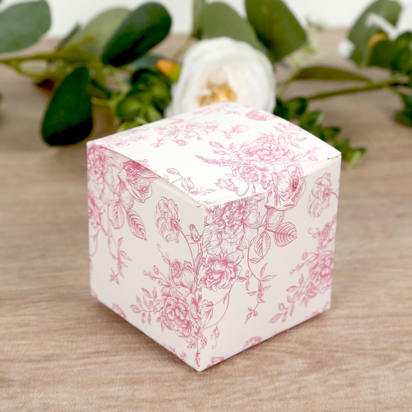 25 Pack Candy Treat Favor Boxes in French Toile Pattern - Matte Pink and White Party Gift Boxes, Cardstock Paper - 3"x3"