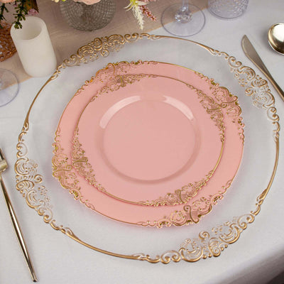 10-Pack Plastic 10" Round Dinner Plates in Dusty Rose with Gold Leaf Embossed Rim - Disposable Vintage Baroque Style Plates