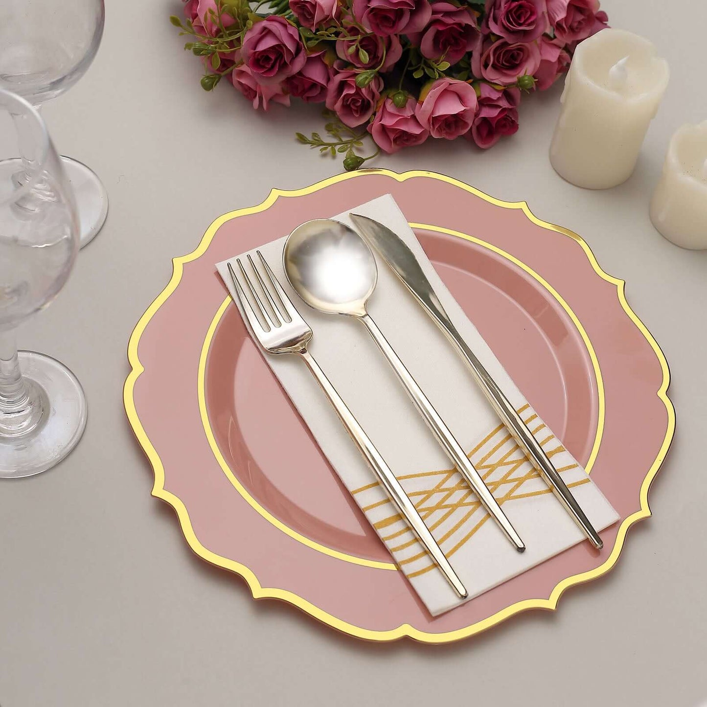 10-Pack Plastic 10" Round Dinner Plates in Dusty Rose with Gold Scalloped Rim - Disposable Party Plates