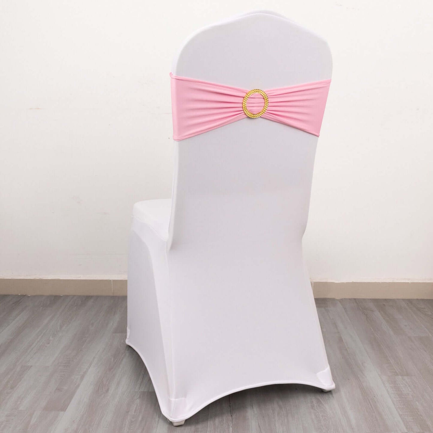 5 Pack Spandex Chair Sashes Pink with Gold Rhinestone Buckles - Reusable Four-Way Stretch Sash Bands 5"x14"