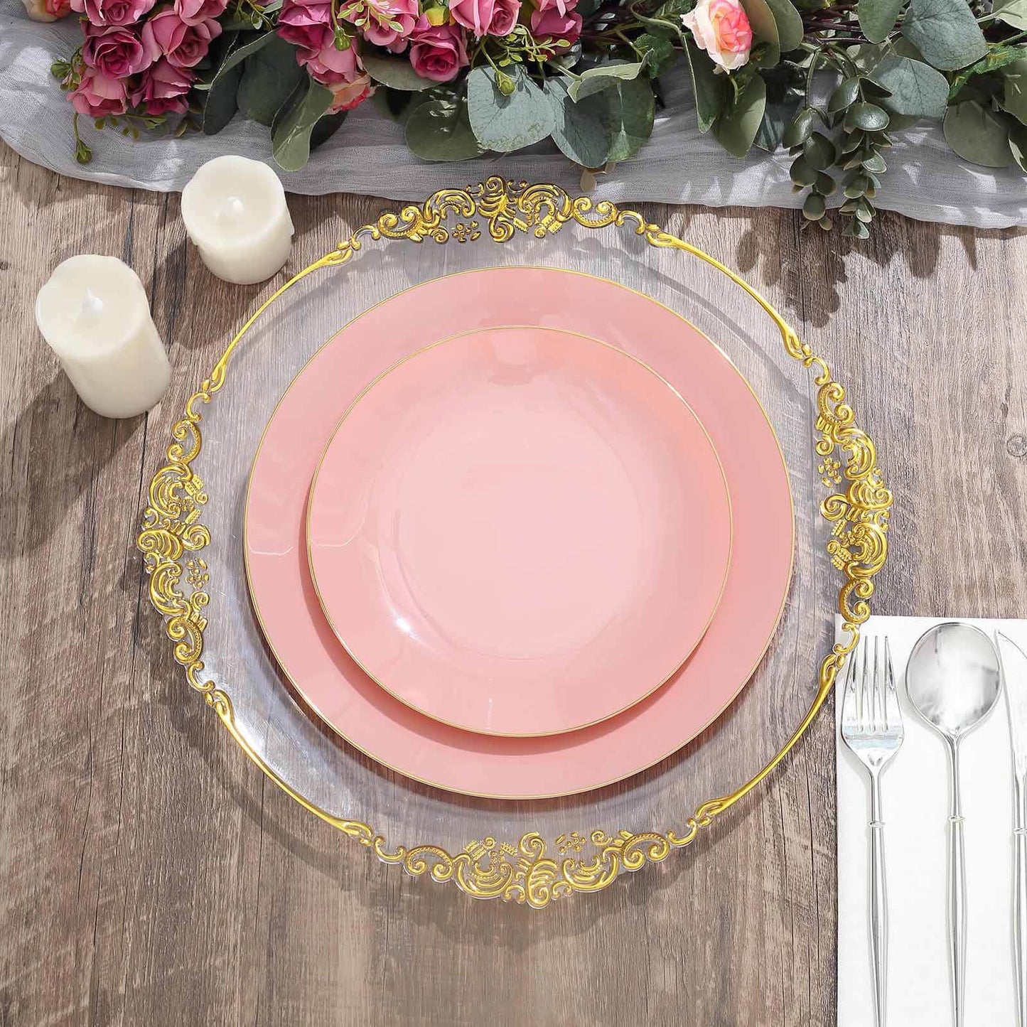 10-Pack Plastic 10" Round Dinner Plates in Dusty Rose with Gold Rim - Glossy Disposable Party Plates