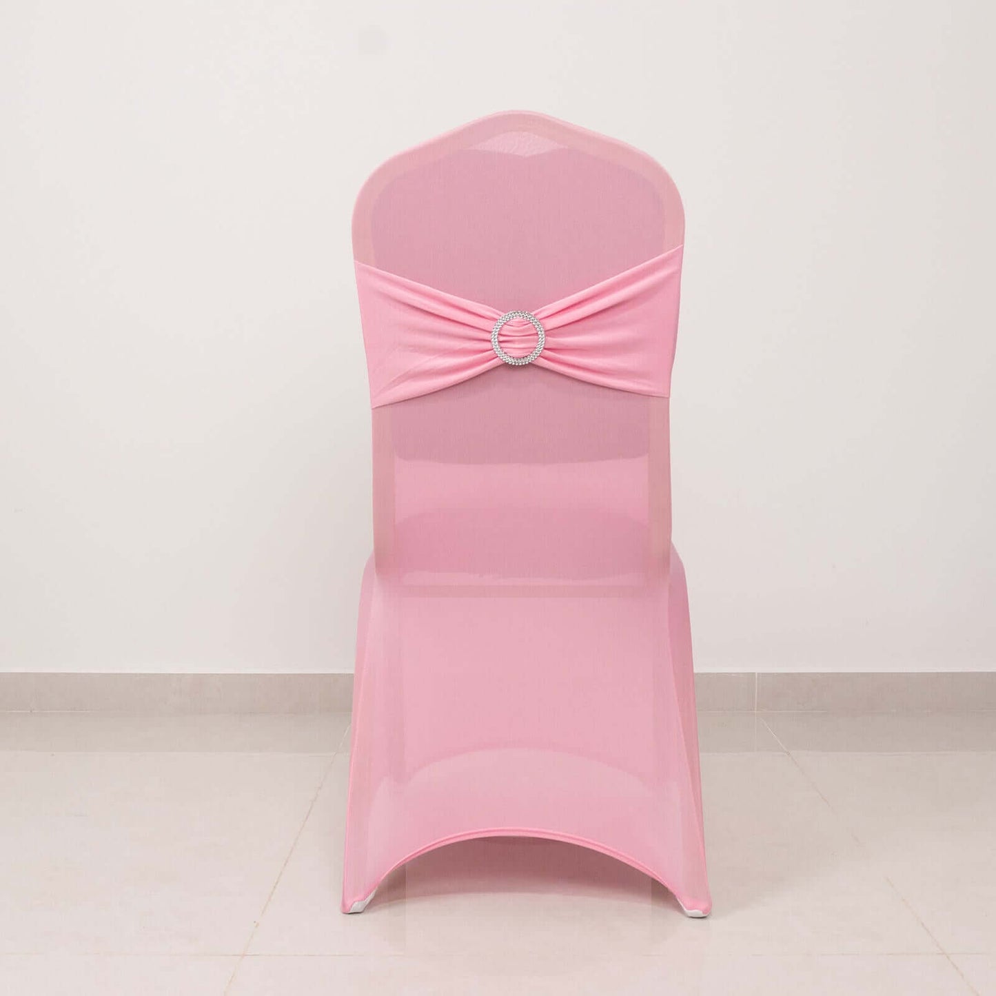 Spandex Chair Cover with Silver Rhinestone Buckled Sash Band Pink - Stretch Fitted Slipcover