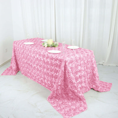Satin 90"x132" Rectangle Tablecloth Pink - Grandiose 3D Rosette Seamless Table Cover