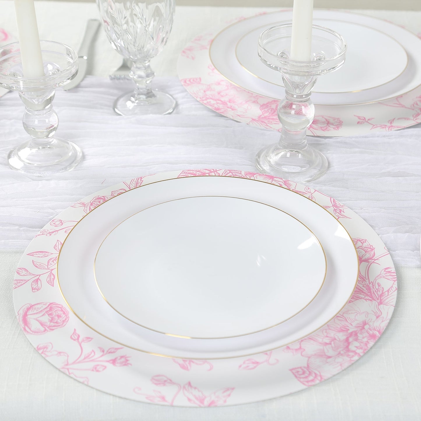 10-Pack Disposable Table Placemats in French Toile Print 13" in White/Matte Pink - Chic Floral Cardboard Placemats for Stylish Table Setting