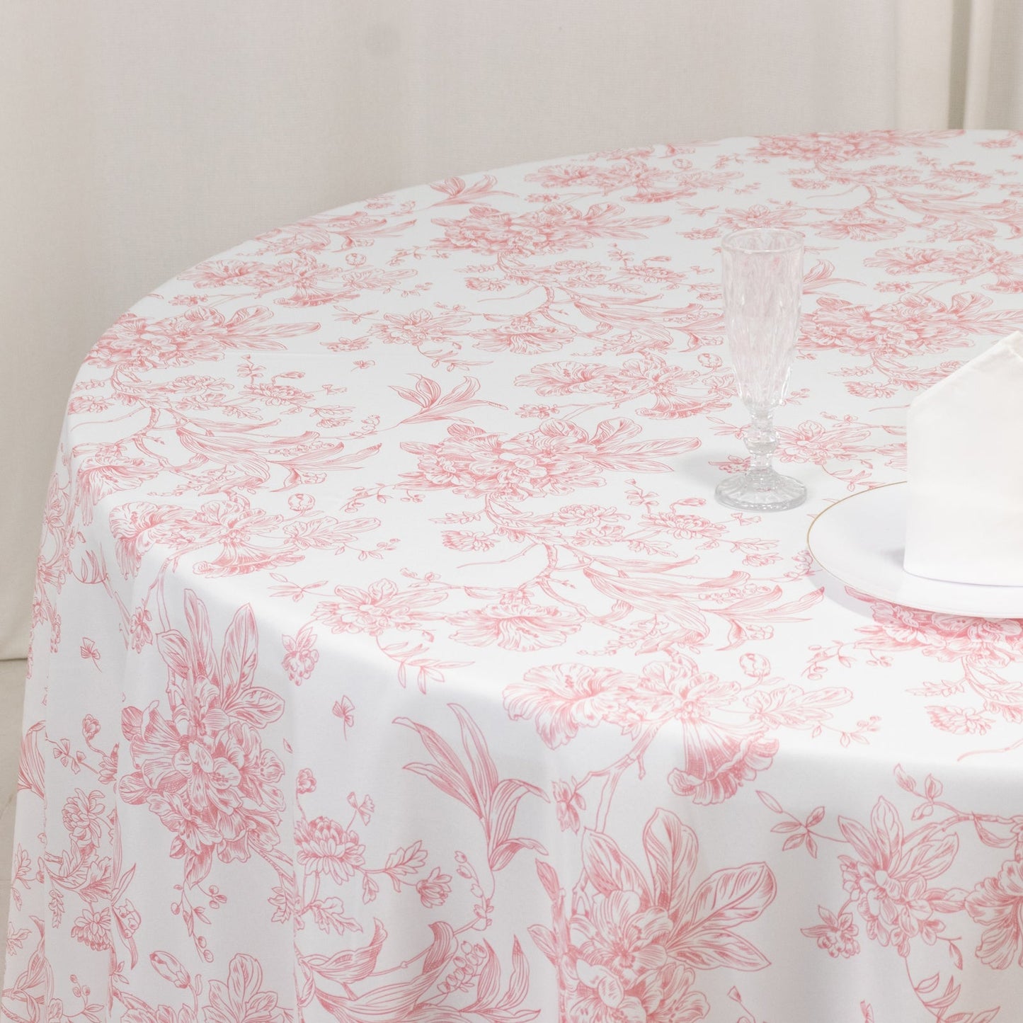Polyester 108" Round Tablecloth White - Pink French Toile Pattern for Chic Weddings