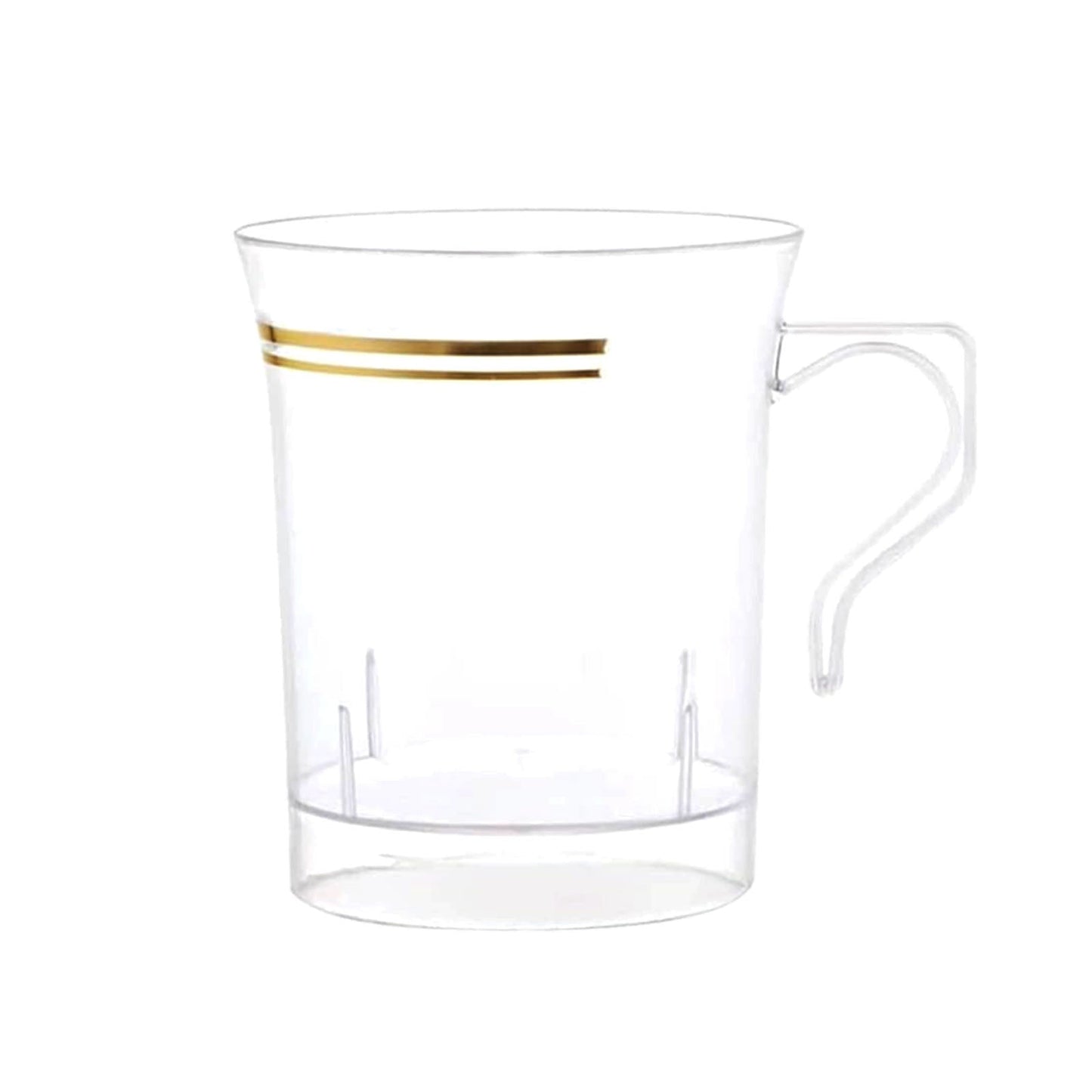 8-Pack Plastic Coffee Mugs Clear with Gold Stripes - Sturdy Disposable Cups for Coffee and Tea 8oz 3.5"