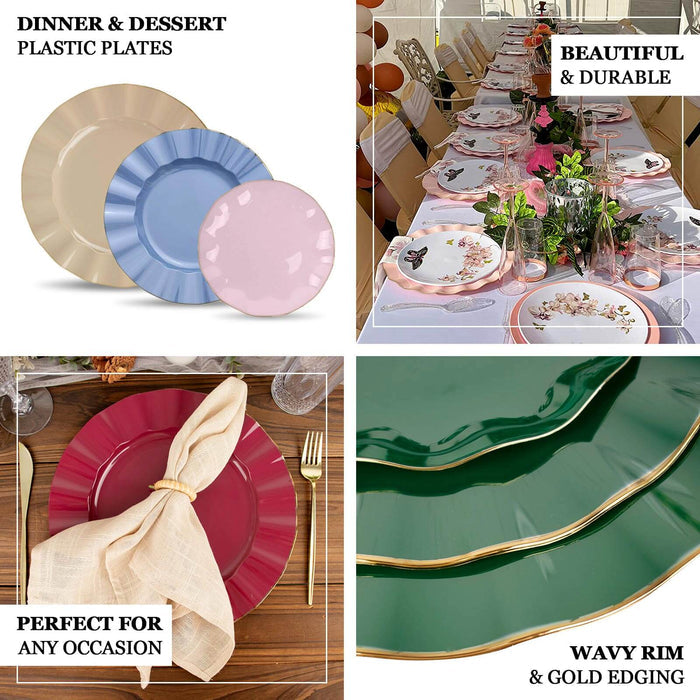 10-Pack Plastic 9" Round Dinner Plates in Gold with Ruffled Rim - Sturdy Disposable Dinnerware for Classy Events & Banquets