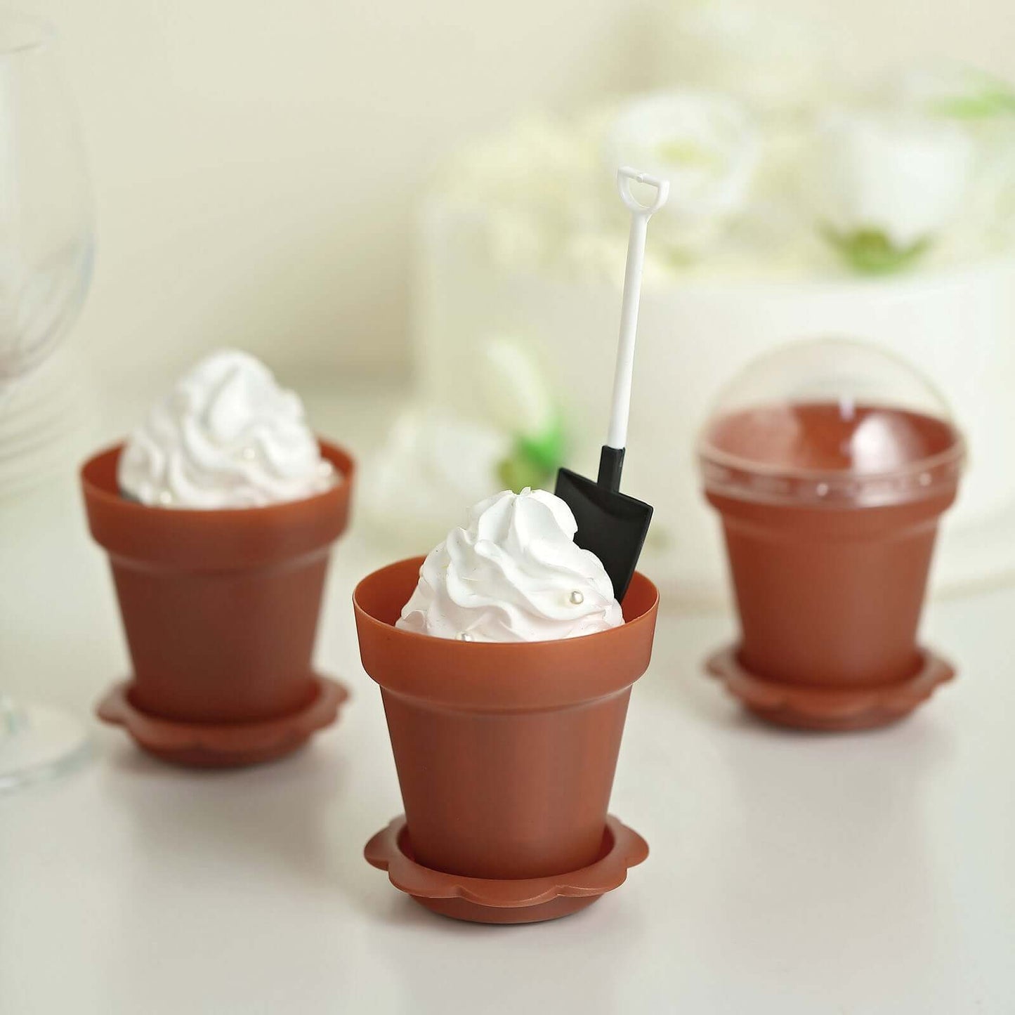 12-Pack Dessert Cups Succulent Planter Design Terracotta (Rust) - Plastic Serving Cups with Lids and Shovels 4"