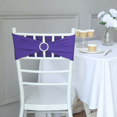 5 Pack Stretch Spandex Chair Sashes Purple - Reusable Chair Bands with Silver Diamond Ring Slide Buckle 5"x14"