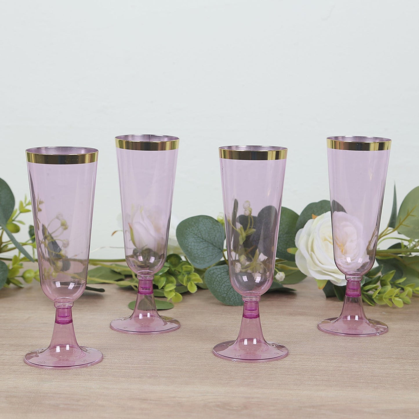 12-Pack Plastic Champagne Flutes Transparent Purple with Gold Rim - Stylish Disposable Cocktail Glasses for Parties 5oz 6"