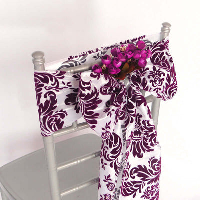5 Pack Taffeta Damask Chair Sashes White with Eggplant Flocking Design 6"x108"