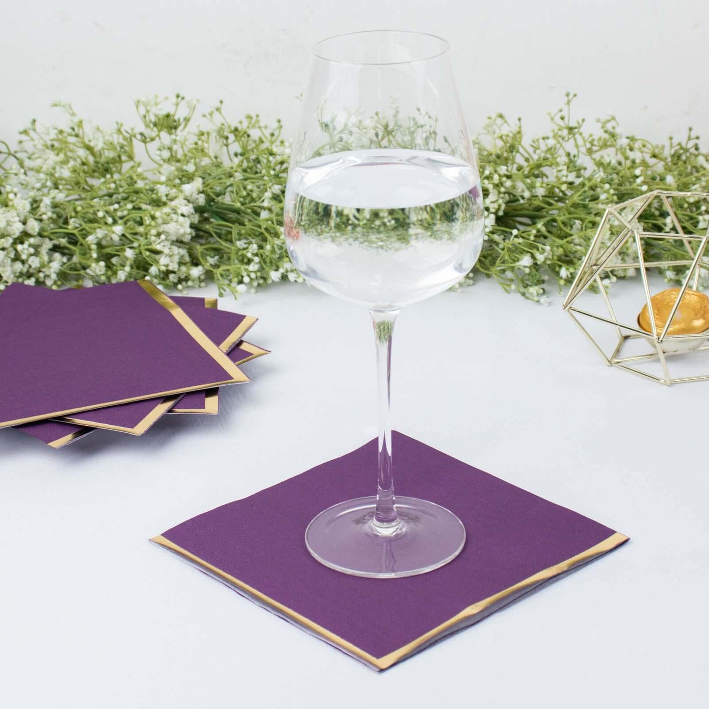 50-Pack Paper Beverage Napkins with Gold Foil Edge Purple - Disposable 2 Ply Cocktail Napkins for Events 6.5"x6.5"