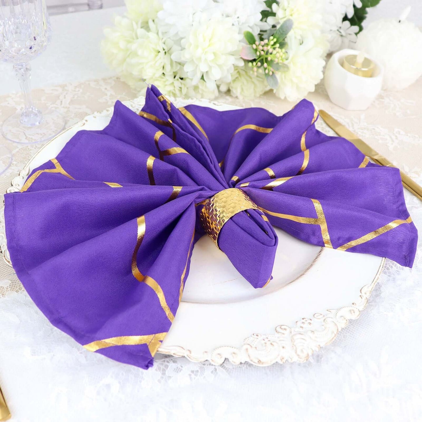 5 Pack Polyester 20"x20" Napkins Purple with Gold Geometric Foil Pattern - Modern Reusable Dinner Napkins