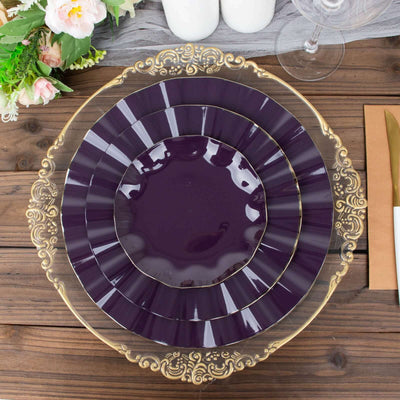 10-Pack Plastic 11" Round Dinner Plates in Purple Ruffled Rim with Gold Edging - Sturdy Disposable Dinnerware