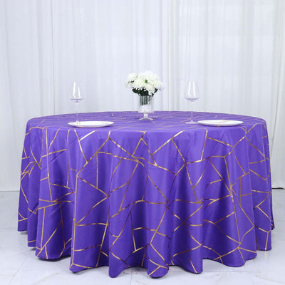 Polyester 120" Round Tablecloth Purple with Gold Foil Geometric Pattern Wrinkle-Resistant Seamless Table Cover