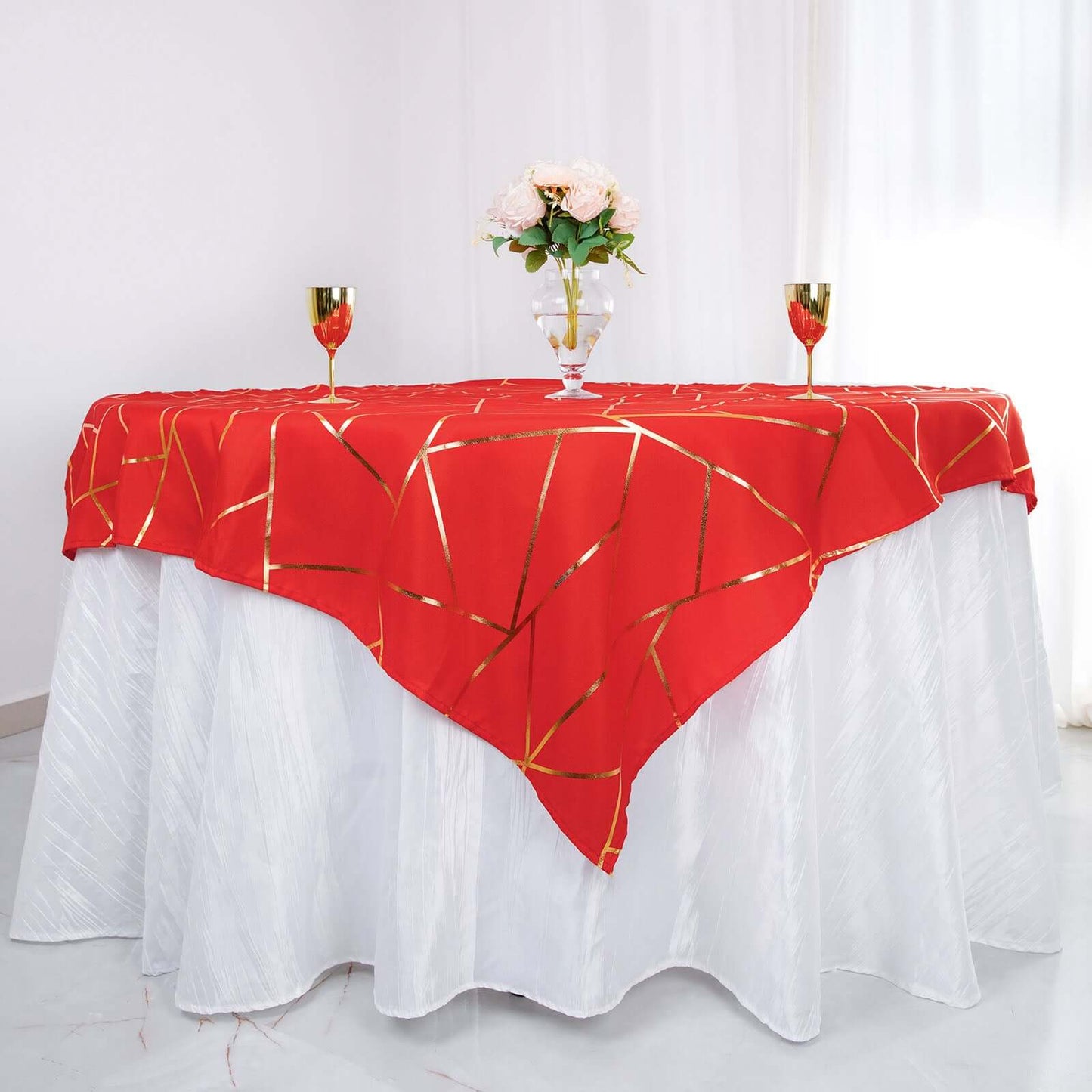 Polyester 54"x54" Table Overlay Square Tablecloth Red with Gold Foil Geometric Pattern - Wrinkle-Resistant & Durable Table Topper