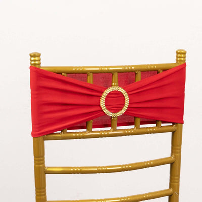 5 Pack Spandex Chair Sashes Red with Gold Rhinestone Buckles - Reusable Four-Way Stretch Sash Bands 5"x14"