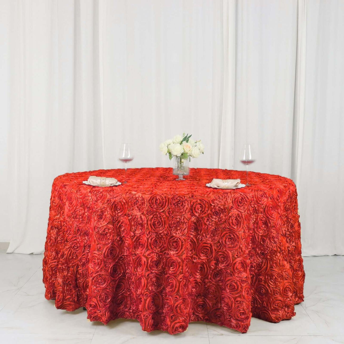 Satin 120" Round Tablecloth Red - Grandiose 3D Rosette with Seamless Finish Table Cover