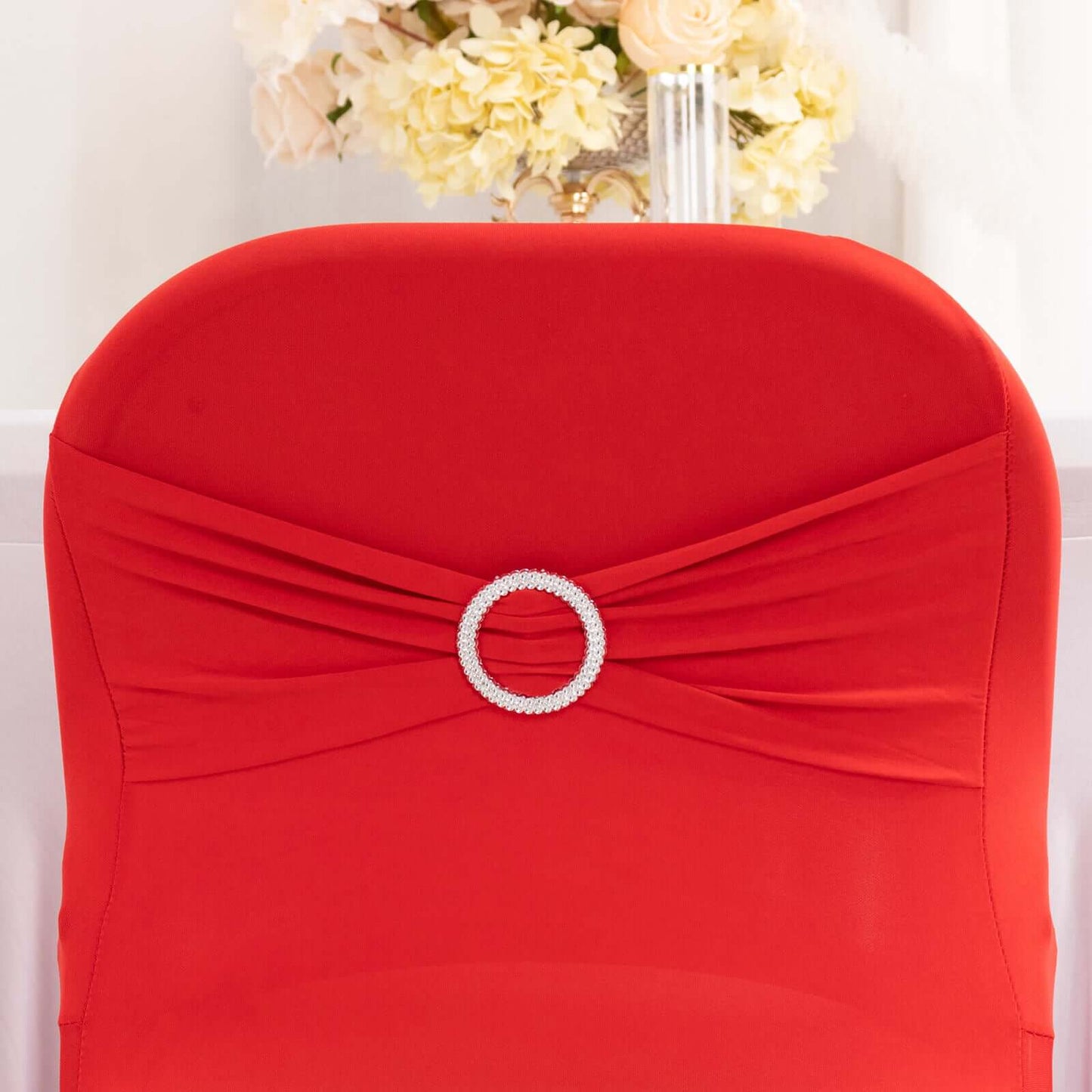 Stretch Spandex Chair Cover Red for Folding Chairs - Secure Fit Slipcover with Silver Rhinestone Buckled Sash Band