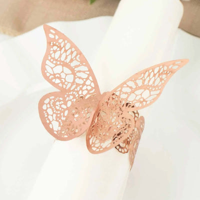 12-Pack Paper Napkin Rings Laser Cut Butterfly Metallic Rose Gold - Decorative Serviette Holders