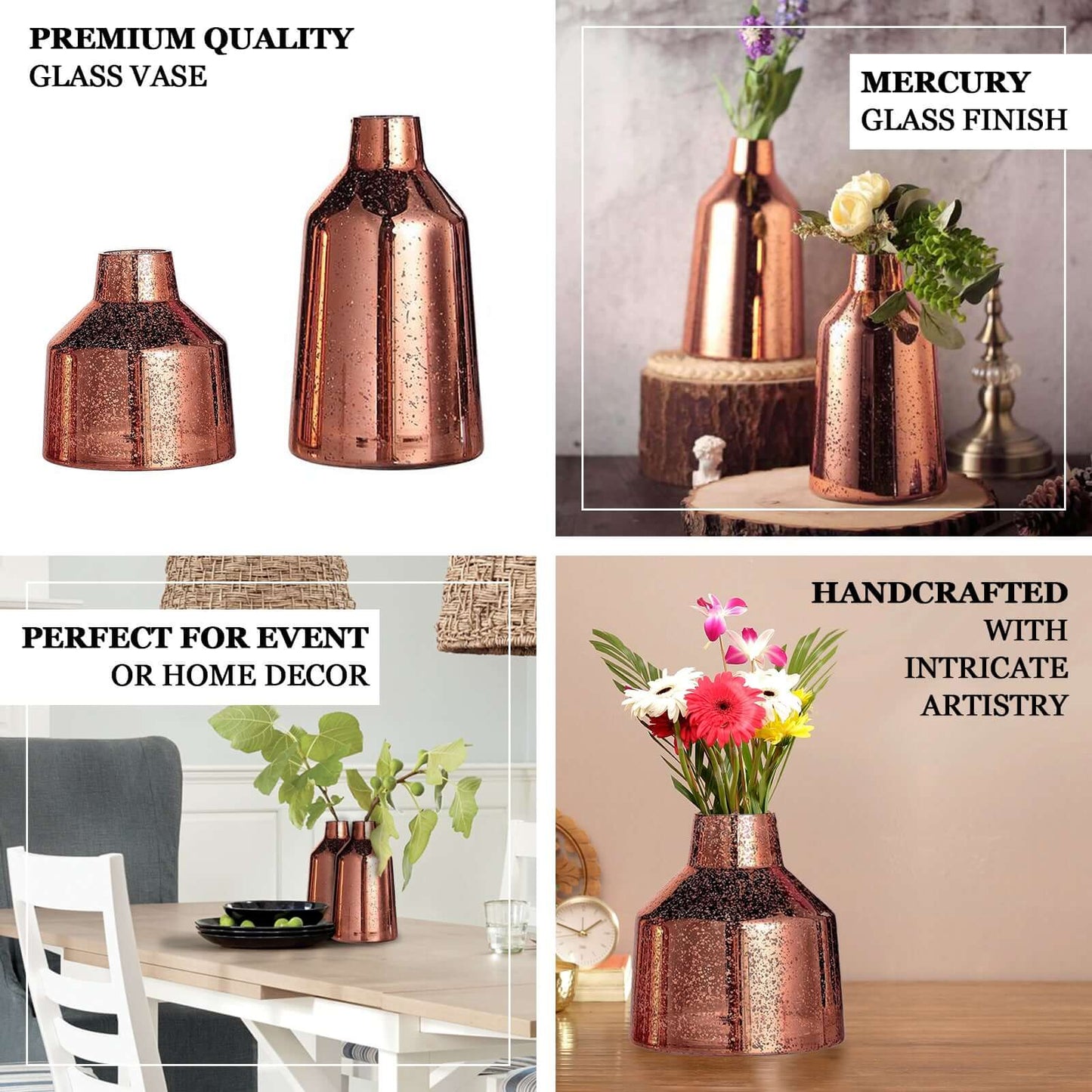 2-Pack Mercury Glass Vases Vessel Design Rose Gold - Stylish Flower Centerpieces for Events 8"