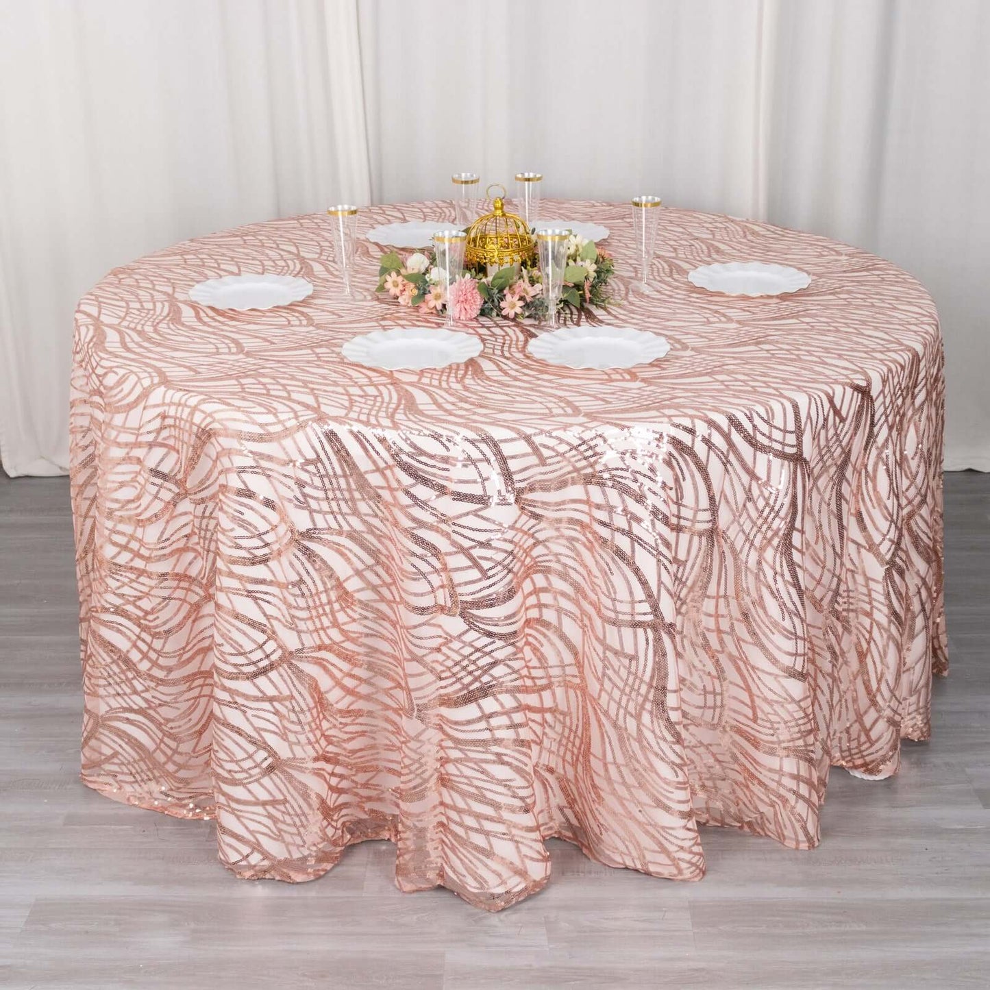 Sequin Mesh 120" Round Tablecloth Rose Gold - Seamless Wave Embroidered Table Cover