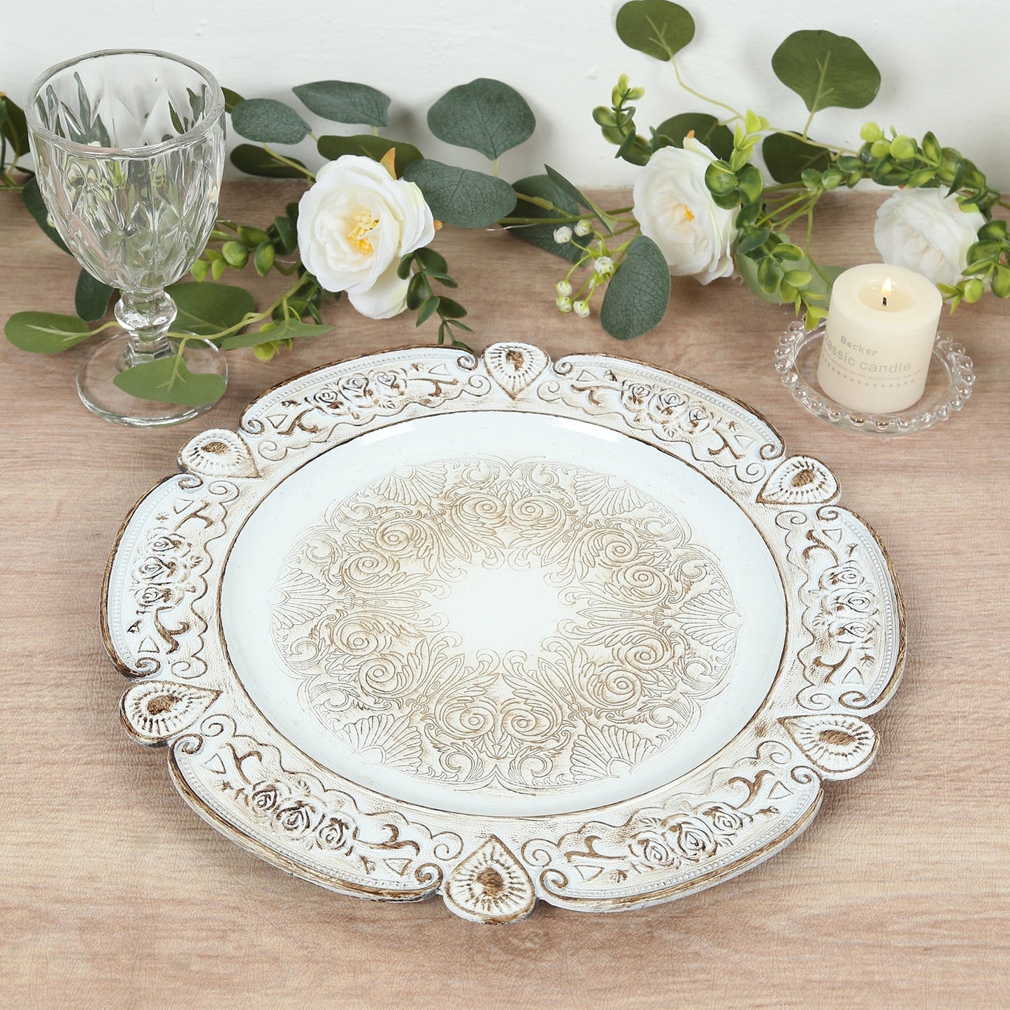 6-Pack Acrylic Round Charger Plates 13" in Antique White Floral Embossed with Scalloped Rim, Plastic Decorative Charger Tableware