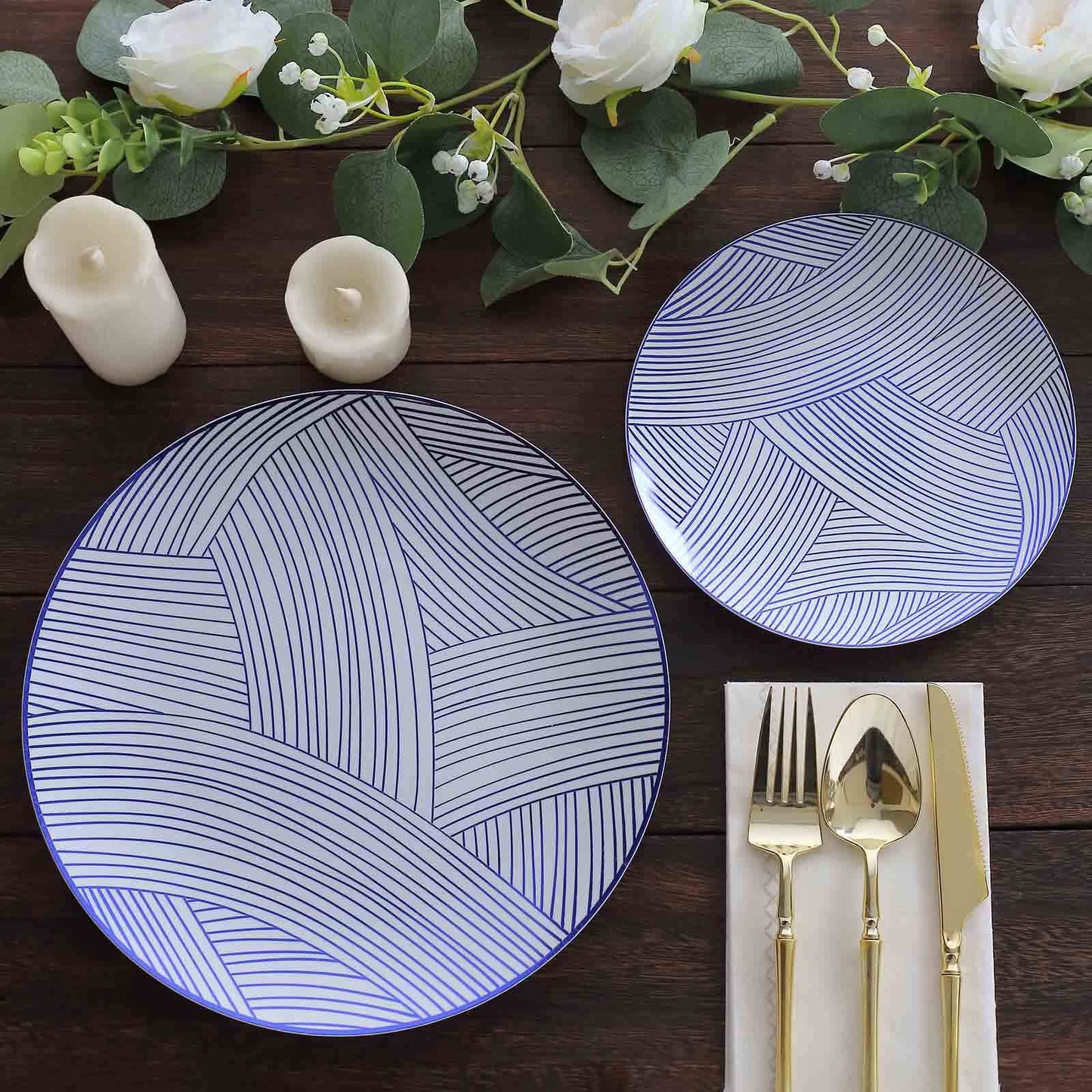 10-Pack Plastic 7" Round Dessert Plates in White with Blue Wave Brush Strokes Pattern - Disposable Appetizer Salad Plates