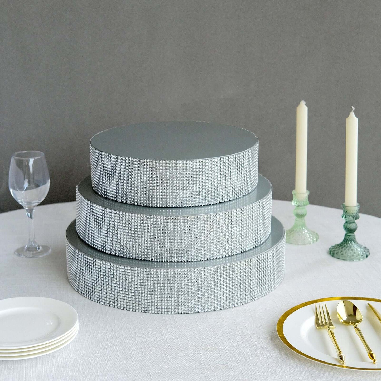 Metal Pedestal Cake Stand Round Design with Rhinestones Silver - Cupcake Holder and Dessert Table Centerpiece 12"