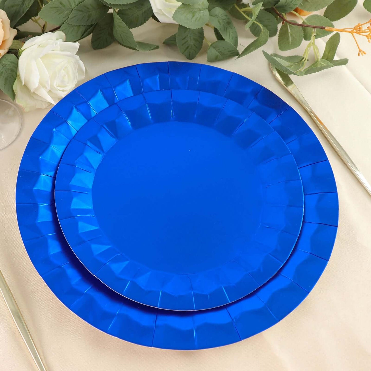 25-Pack Paper 12" Round Charger Plates in Royal Blue with Geometric Prism Design - Disposable 400GSM Serving Trays