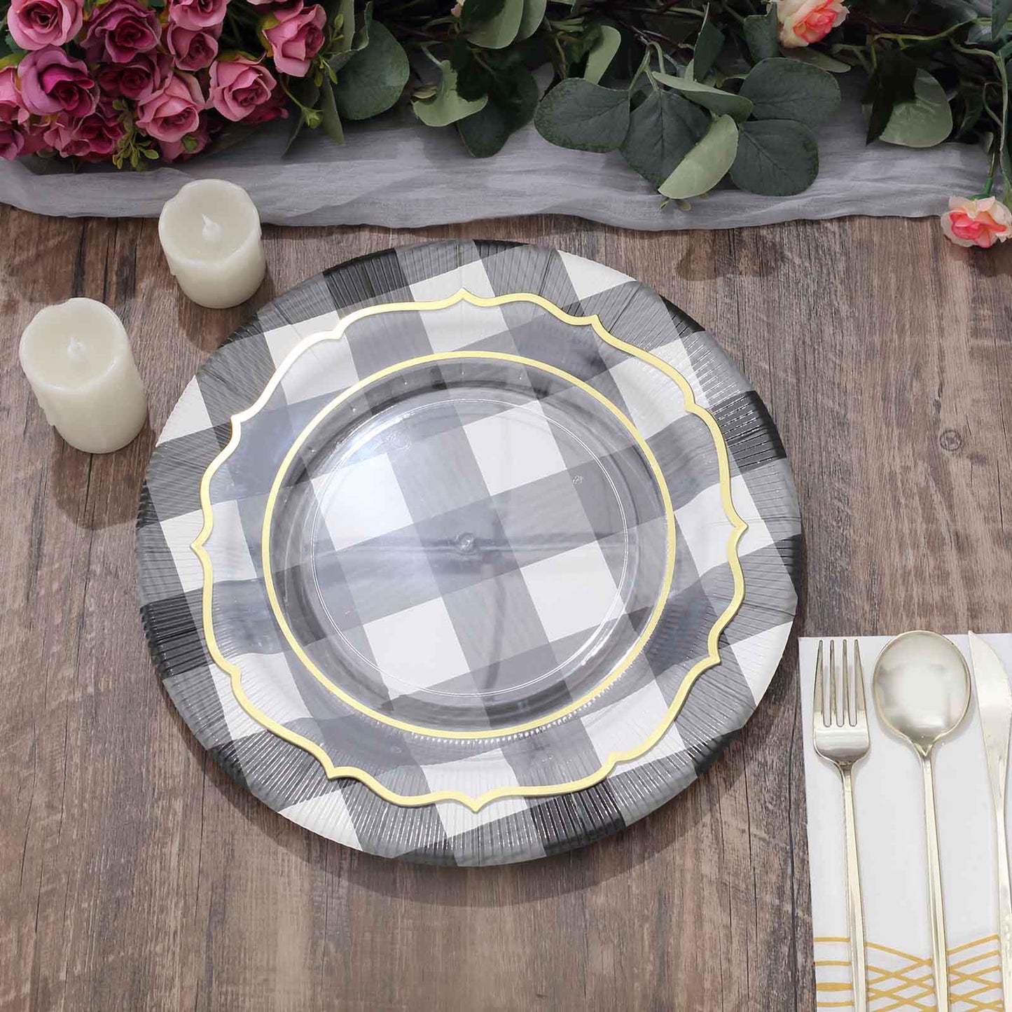 10-Pack Disposable Paper Charger Plates â€“ Black/White Buffalo Plaid 13" Round Table Chargers, 350 GSM Cardstock