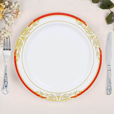 10 Pack White With Red Rim 10" Plastic Dinner Plates, Round With Gold Vine Design
