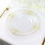 10-Pack Plastic 10" Round Dinner Plates in Clear with Gold Leaf Embossed Rim - Disposable Vintage Baroque Style Plates