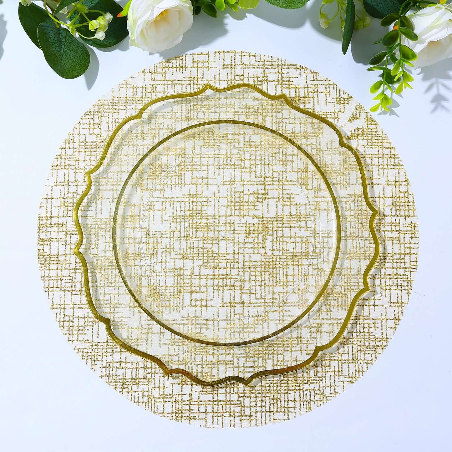 10-Pack Table Placemats Glitter Design Metallic Gold Round - Mesh Polyester Disposable Mats 13"