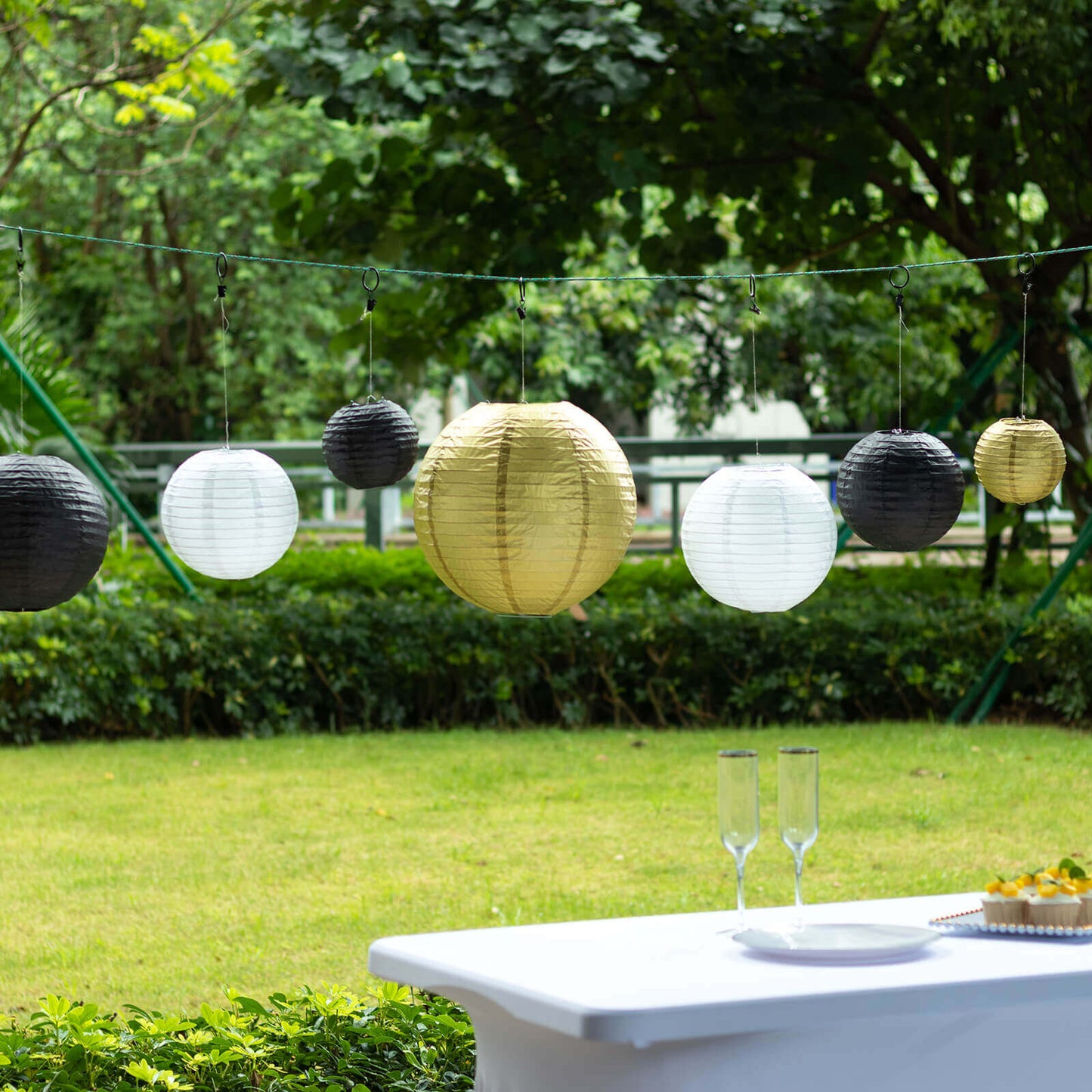 Set of 8 Mixed Black Gold Hanging Paper Lanterns, Decorative Round Chinese Sky Lanterns, Assorted Sizes - 6",8",10",14"