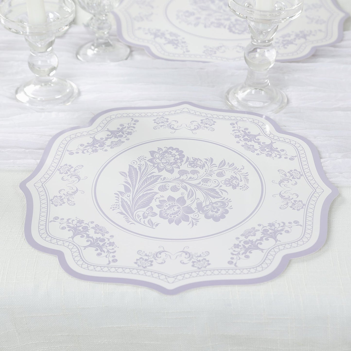 10-Pack Disposable Table Placemats 13" Round Placemats in White with Lavender Damask Floral Pattern & Scalloped Rim - 400GSM Cardboard Placemats for Stylish Table Setting