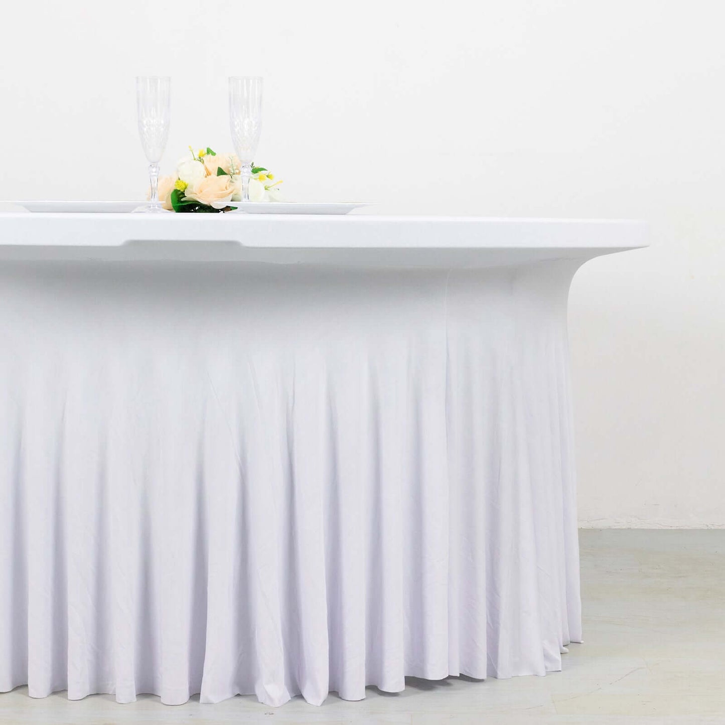 Spandex Round 5ft Table Skirt White with Wavy Skirt-Like Effect Stylish Table Cover for Weddings, Banquets & Trade Shows
