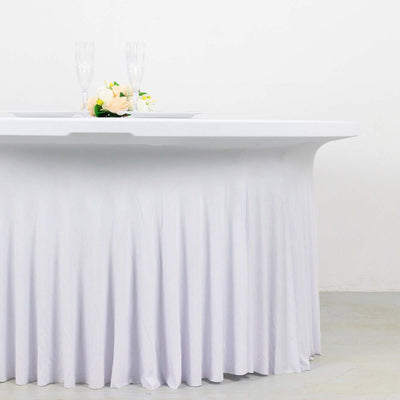 Spandex Round 5ft Table Skirt White with Wavy Skirt-Like Effect Stylish Table Cover for Weddings, Banquets & Trade Shows