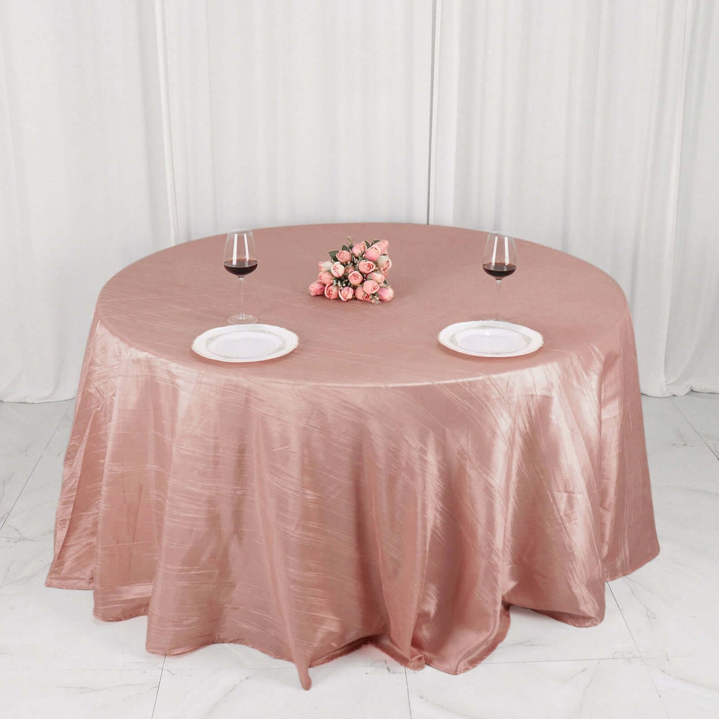 Taffeta 132" Round Tablecloth Dusty Rose - Seamless Accordion Crinkle Table Cover