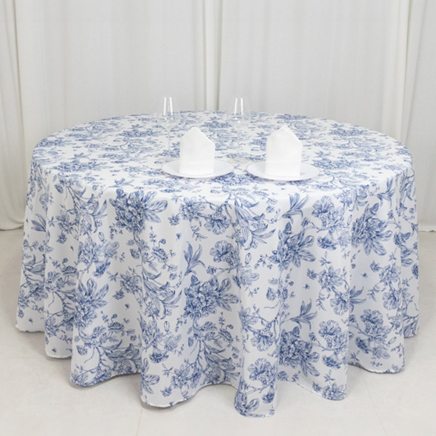 Polyester 120" Round Tablecloth White - Blue French Toile Pattern for Chic Weddings
